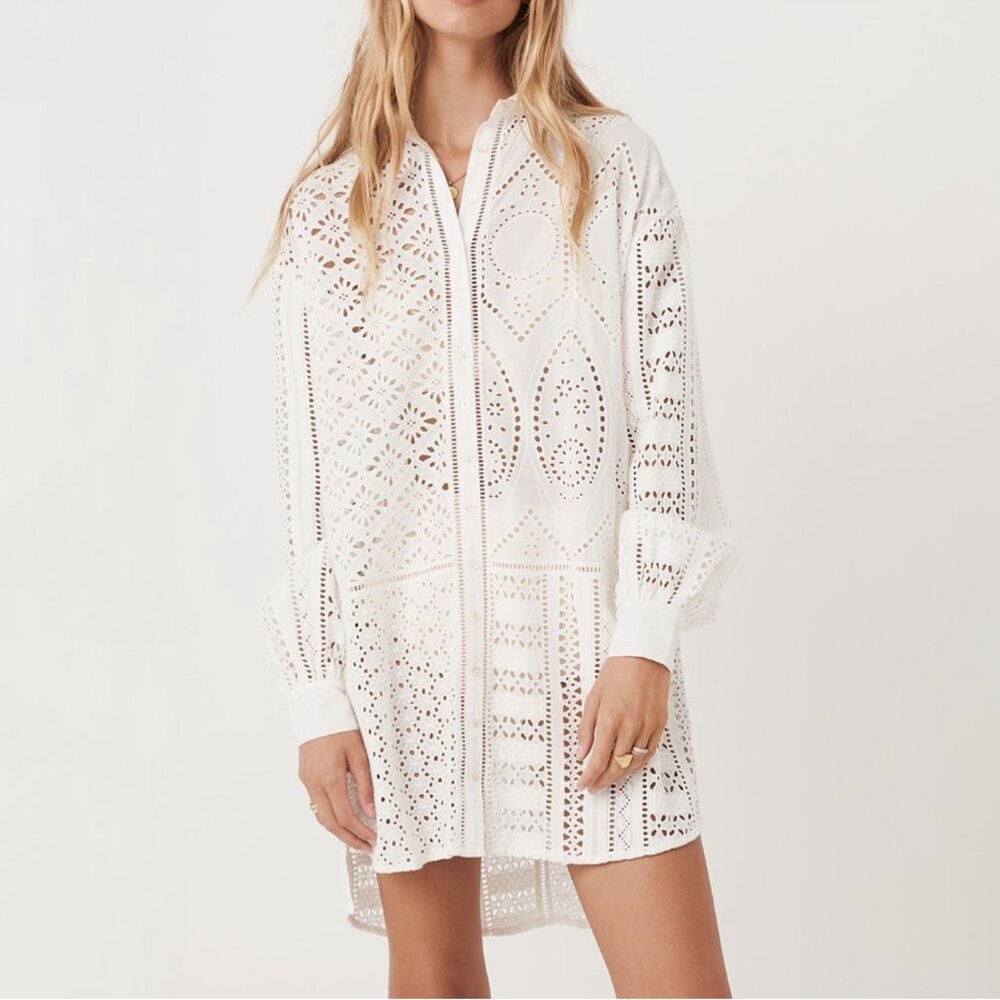 Spell White Crochet Button-Front Swim Coverup